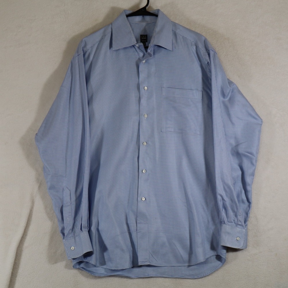 Ike Behar New York Mens 15.5/35 Blue White Houndstooth Dress Shirt Cotton